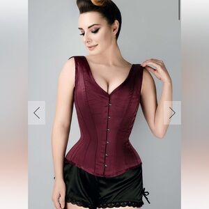 Corset story burgundy V-Neck waist taming overbust w/ straps women’s L XL